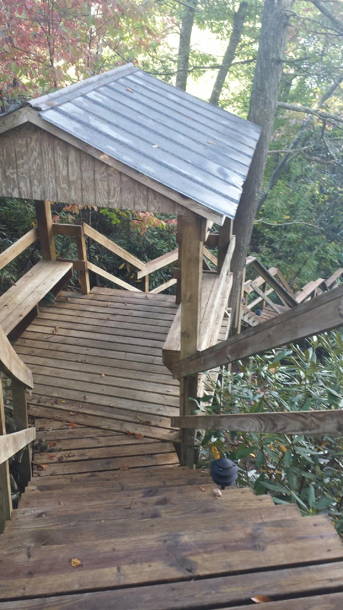 Metal roofed shelter over wooden steps on a wooded walkway — Skylight Repair & Installation work by our crew in Mineral Springs